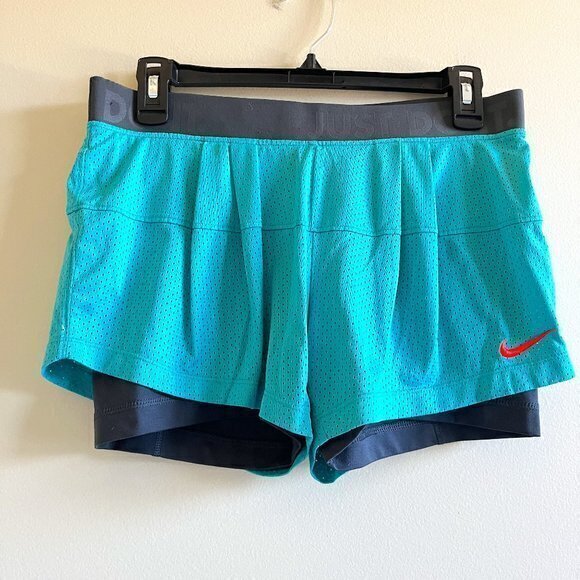 Nike Dri-Fit Double Shorts Womens Size M Teal Mesh Running Athletic Shorts‎ - Picture 1 of 5